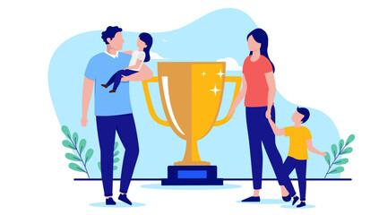 Parenting award - Two parents being great and winning trophy cup for having a successful family life. Flat design vector illustration with white background