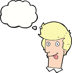 cartoon man with tongue hanging out with thought bubble