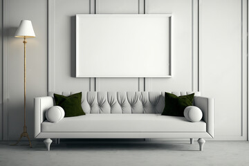 Photograph of a sofa with an empty frame