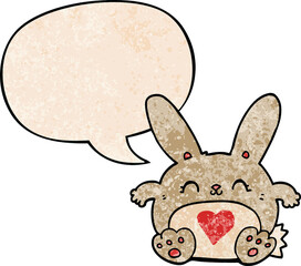 cute cartoon rabbit and love heart and speech bubble in retro texture style