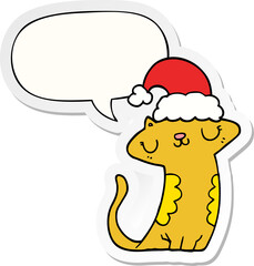cute cartoon cat wearing christmas hat and speech bubble sticker