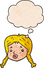 cartoon girls face and thought bubble in grunge texture pattern style