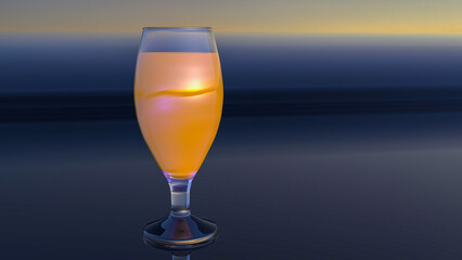 3D render - a glass of orange juice stands on a mirror surface