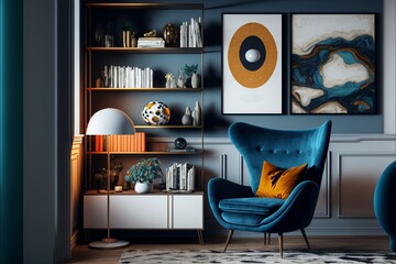 Stylish interior of living room with design leather armchair, wide and cross angle, carpet decor in home decor