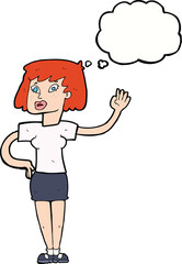 cartoon woman waving with thought bubble