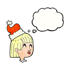 thought bubble textured cartoon girl wearing santa hat
