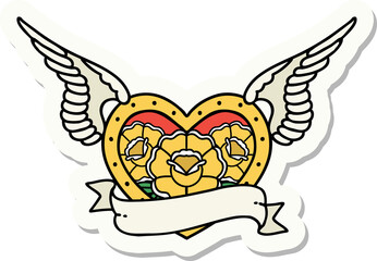tattoo style sticker of a flying heart with flowers and banner