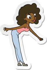 sticker of a cartoon woman reaching to pick something up