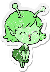 distressed sticker of a cartoon alien girl laughing