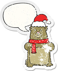 cartoon bear wearing christmas hat and speech bubble distressed sticker