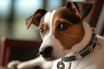 A close up shot of a jack russell dog with a vet collar lying on a table in a clinic. care for pets' health. Generative AI