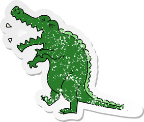 distressed sticker of a quirky hand drawn cartoon crocodile