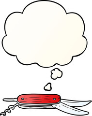 cartoon pocket knife and thought bubble in smooth gradient style