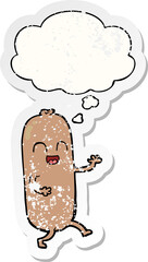 cartoon dancing sausage and thought bubble as a distressed worn sticker