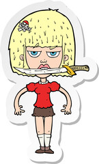 sticker of a cartoon woman with knife between teeth