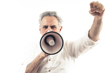 40 years old gray-haired man with a loudspeaker and clenched fist - Isolated on white background. High-quality photo