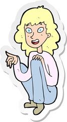 sticker of a cartoon happy woman sitting and pointing
