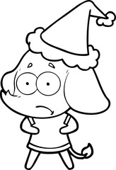line drawing of a unsure elephant wearing santa hat