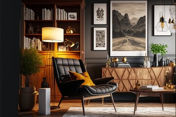 Elevate Your Home Decor Game with a Stylish Living Room Setting Incorporating a Trendy Leather Armchair, Wide and Cross Angled, and a Captivating Carpet Decor