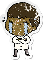 distressed sticker of a cartoon man crying