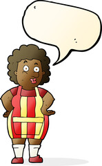 cartoon woman in kitchen apron with speech bubble