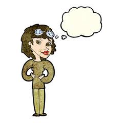 cartoon aviator woman with thought bubble