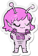 distressed sticker of a smiling alien girl cartoon