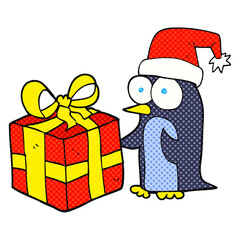 comic book style cartoon christmas penguin with present