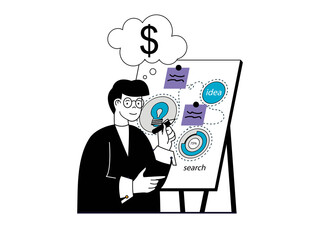 Startup concept with character situation. Businessman creates development strategy for new company, attracts investments with presentation. Illustrations with people scene in flat design for web