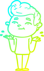 cold gradient line drawing happy cartoon man shrugging