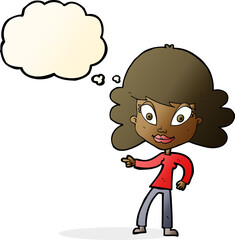 cartoon woman pointing with thought bubble