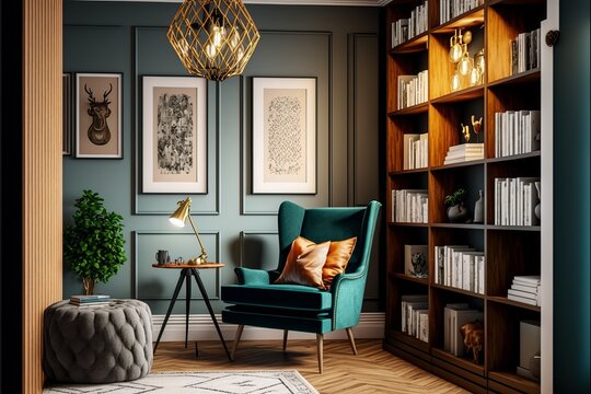 Stylish interior of living room with design leather armchair, wide and cross angle, carpet decor in home decor