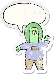 cartoon space alien and speech bubble distressed sticker