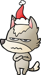gradient cartoon of a annoyed wolf wearing santa hat