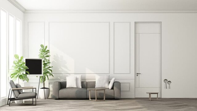 build up creation room The walls are decorated in white tones with wooden materials, Arc built-in cabinets and wooden arches on parquet floors. bedroom and living room apartment. 3d render animation
