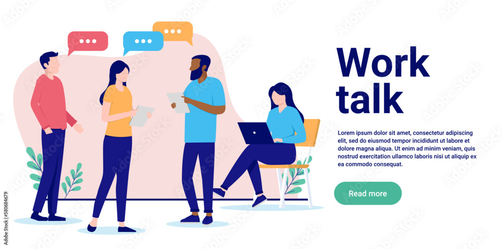 Poster work talk - people in office talking and having conversation together while working. flat design vec