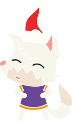 flat color illustration of a fox wearing santa hat