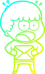 cold gradient line drawing cartoon shocked man holding envelope