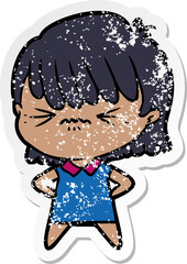 distressed sticker of a annoyed cartoon girl