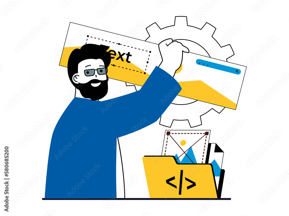 Poster web development concept with character situation. man creates layout interface, building sites and p