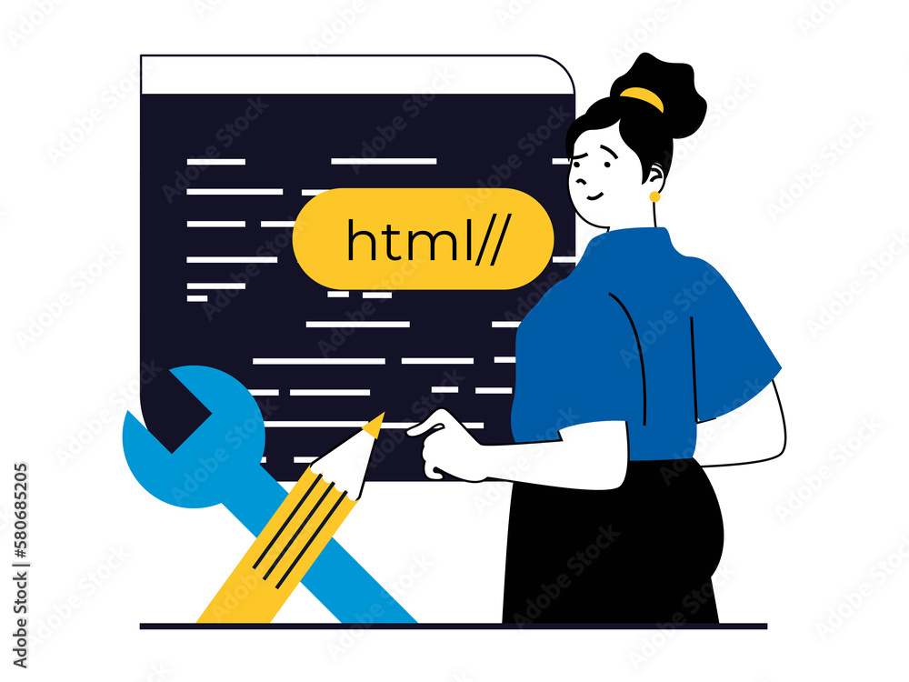 Poster web development concept with character situation. woman creates layout interface and doing html code