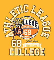 Tiger team college basketball athletic department champions vintage vector artwork for kids boy t shirt grunge effect in separate layer