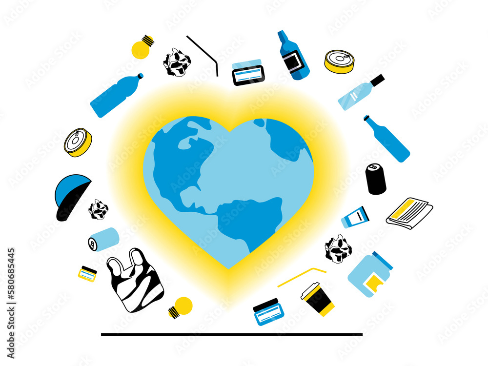 Poster zero waste concept with character situation. caring for environment and planet, collecting and recyc