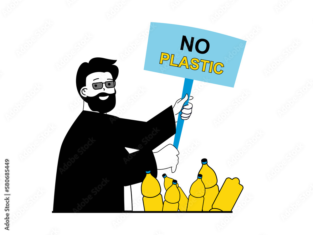Leinwandbilder zero waste concept with character situation. man with banner calls for abandonment of using plastic,