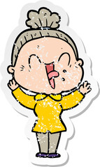 distressed sticker of a cartoon happy old woman