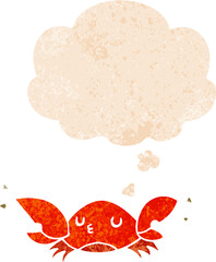 cartoon crab and thought bubble in retro textured style