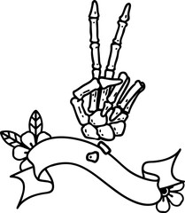 black linework tattoo with banner of a skeleton hand giving a peace sign