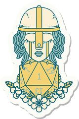crying human fighter with natural one D20 roll sticker