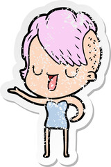 distressed sticker of a cute cartoon girl with hipster haircut