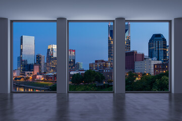 Fototapeta na wymiar Downtown Nashville City Skyline Buildings from High Rise Window. Beautiful Expensive Real Estate overlooking. Epmty room Interior Skyscrapers View Cityscape. Night Tennessee. 3d rendering.
